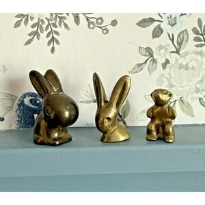 Vintage Solid Brass Mini Bunny Rabbits Bear Trinket Figurines 1" Woodland Fairy